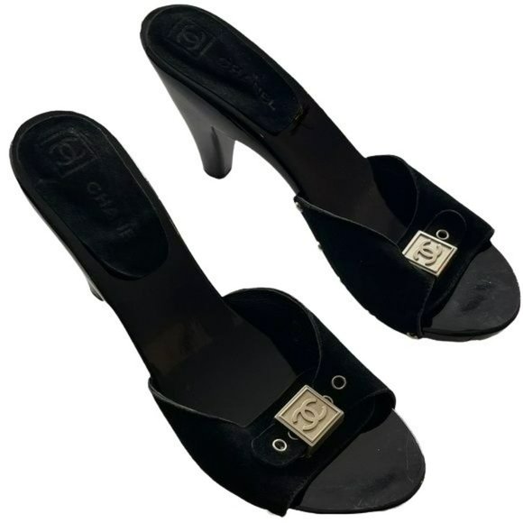 Chanel Vintage Y2K Suede Logo Mule Heel Slides - Picture 1 of 9